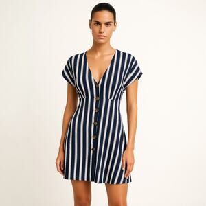 Nordstrom BP Navy Blue White Striped Button Front Prairie Mini Dress Size XXS